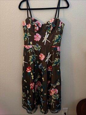 Dress the Population Brown Floral Embroidered Spaghetti Strap Dress